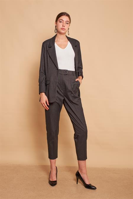 Ekoseli Yakalı Kolu Katlamalı Cep Kapaklı Boyfriend Hafif Likralı Kumaş Blazer Ceket-Siyah