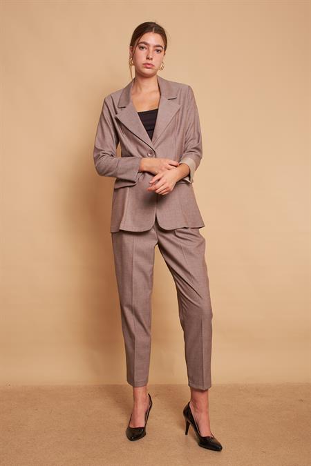 Ekoseli Yakalı Kolu Katlamalı Cep Kapaklı Boyfriend Hafif Likralı Kumaş Blazer Ceket-Bej 