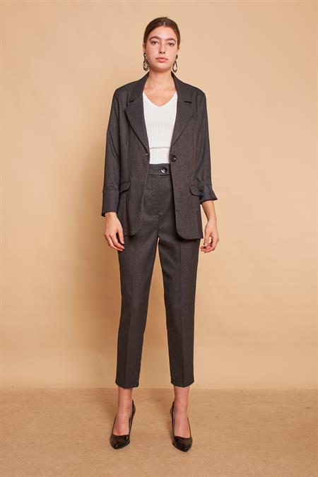 Ekoseli Yakalı Kolu Katlamalı Cep Kapaklı Boyfriend Hafif Likralı Kumaş Blazer Ceket-Siyah