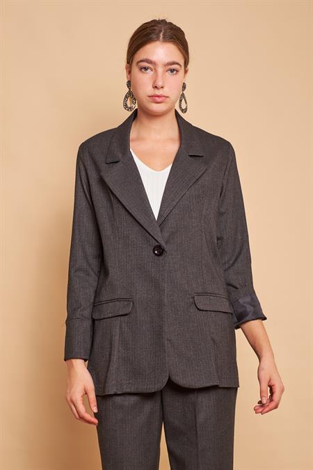 Ekoseli Yakalı Kolu Katlamalı Cep Kapaklı Boyfriend Hafif Likralı Kumaş Blazer Ceket-Siyah