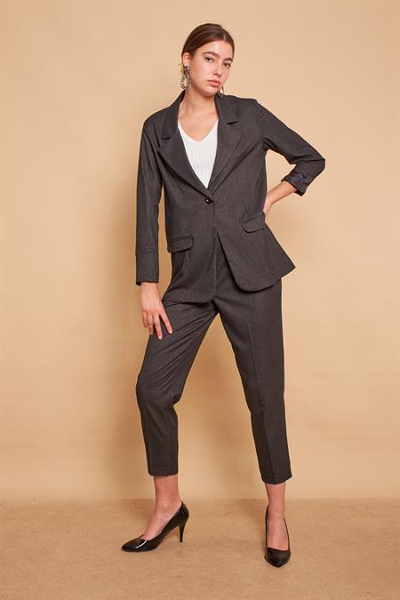 Ekoseli Yakalı Kolu Katlamalı Cep Kapaklı Boyfriend Hafif Likralı Kumaş Blazer Ceket-Siyah