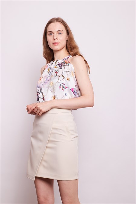 Yüksek Bel Anvelop Kruvaze Pamuklu Likralı Kumaş Kalem Ofis Etek-Şampanya