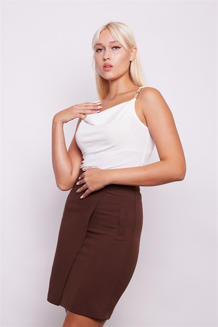 Yüksek Bel Anvelop Kruvaze Pamuklu Likralı Kumaş Kalem Ofis Etek -Kahve 