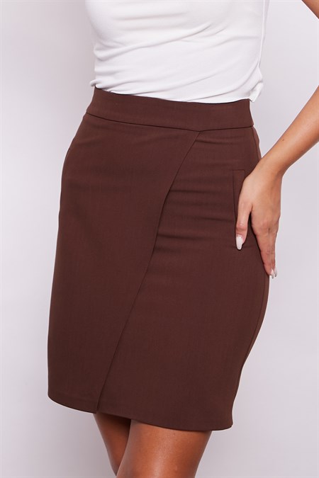 Yüksek Bel Anvelop Kruvaze Pamuklu Likralı Kumaş Kalem Ofis Etek -Kahve 