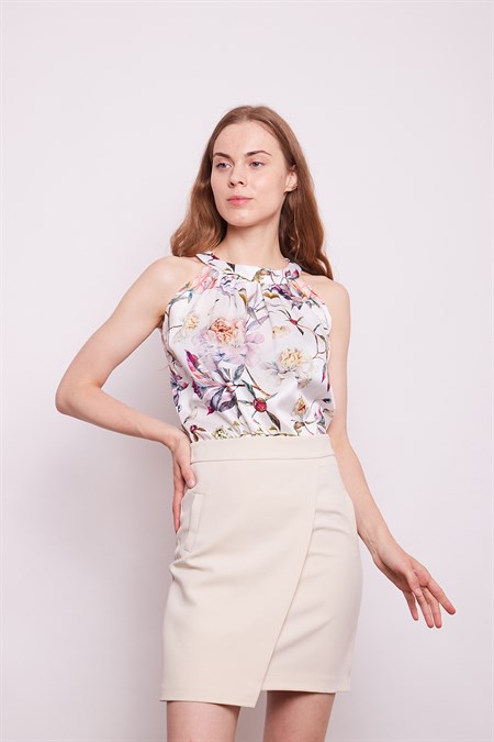 Yüksek Bel Anvelop Kruvaze Pamuklu Likralı Kumaş Kalem Ofis Etek-Şampanya