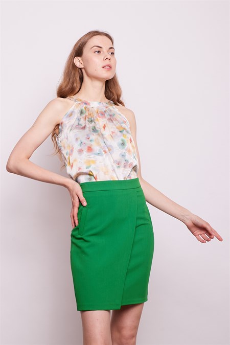 Yüksek Bel Anvelop Kruvaze Pamuklu Likralı Kumaş Kalem Ofis Etek-Benetton Yeşili