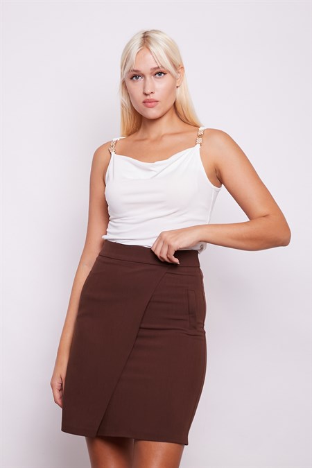 Yüksek Bel Anvelop Kruvaze Pamuklu Likralı Kumaş Kalem Ofis Etek -Kahve 
