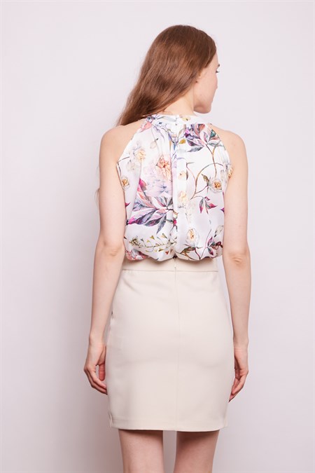 Yüksek Bel Anvelop Kruvaze Pamuklu Likralı Kumaş Kalem Ofis Etek-Şampanya