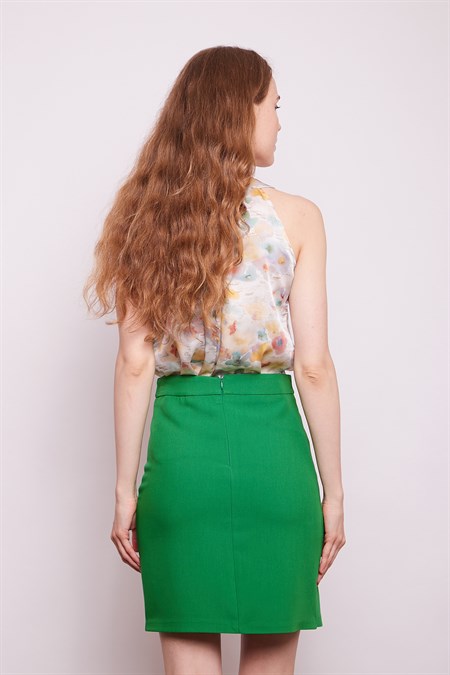 Yüksek Bel Anvelop Kruvaze Pamuklu Likralı Kumaş Kalem Ofis Etek-Benetton Yeşili