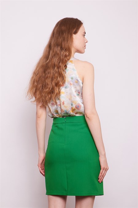 Yüksek Bel Anvelop Kruvaze Pamuklu Likralı Kumaş Kalem Ofis Etek-Benetton Yeşili