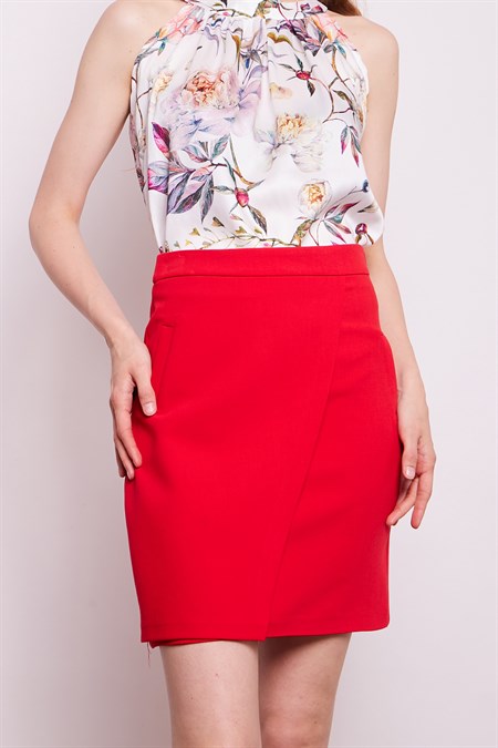 Yüksek Bel Anvelop Kruvaze Pamuklu Likralı Kumaş Kalem Ofis Etek-Kırmızı
