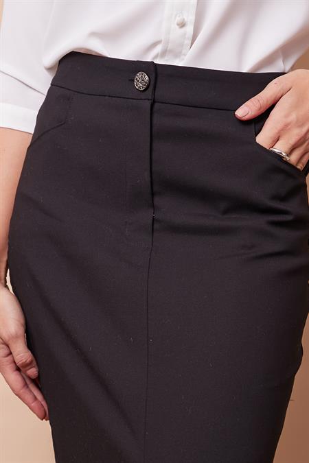 Kadın Hafif Likralı Kalın Kumaş Diz Altı Yırtmaçlı Yüksek Bel Uzun Cepli Düğmeli Kalem Etek-Siyah