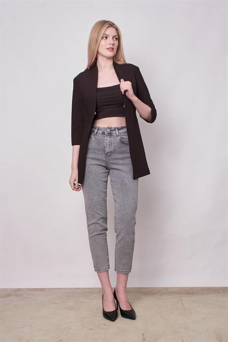 JUMENTHakim Yaka Flato Cepli Kolu Yırtmaçlı Uzun Blazer Kumaş Ceket-Siyah