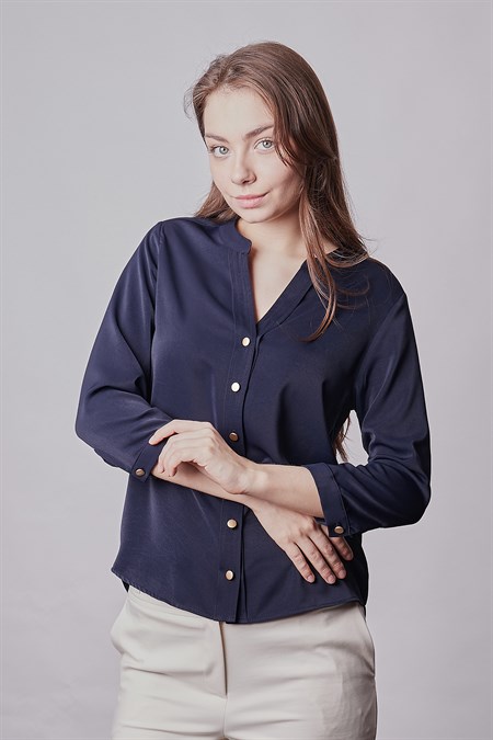 Hakim Yaka Truvakar Capri Kol Likrasız Şık Kumaş Ofis Gömlek-Lacivert 