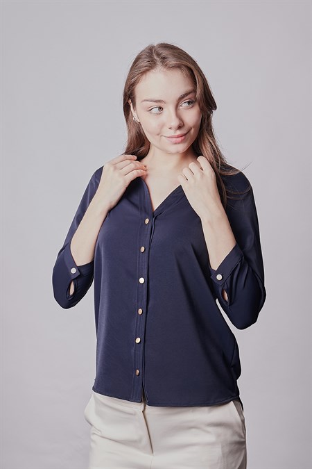 Hakim Yaka Truvakar Capri Kol Likrasız Şık Kumaş Ofis Gömlek-Lacivert 