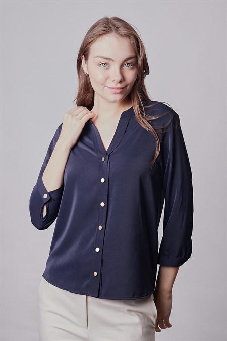 Hakim Yaka Truvakar Capri Kol Likrasız Şık Kumaş Ofis Gömlek-Lacivert 