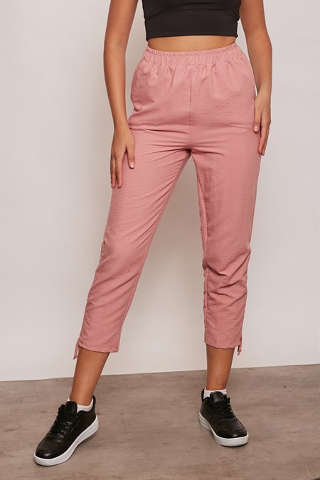 İç Göstermez Viskon Poplin Beli Lastikli Cepli Paçası Büzgülü Rahat Pantolon-Soft Rose