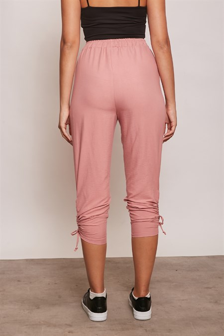 İç Göstermez Viskon Poplin Beli Lastikli Cepli Paçası Büzgülü Rahat Pantolon-Soft Rose