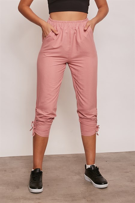 İç Göstermez Viskon Poplin Beli Lastikli Cepli Paçası Büzgülü Rahat Pantolon-Soft Rose
