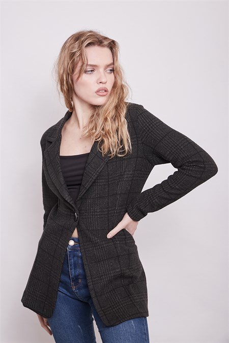 Ekose Desenli Yakalı Uzun Kol Tek Düğme Yünlü Kumaş Blazer Ceket-Haki Desen