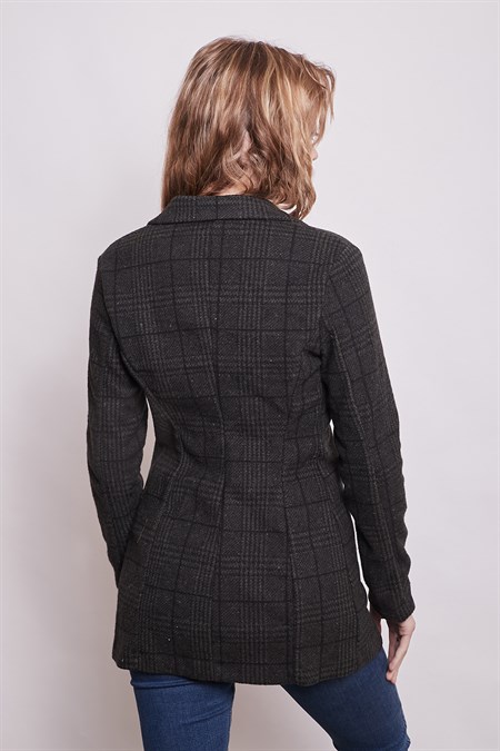 Ekose Desenli Yakalı Uzun Kol Tek Düğme Yünlü Kumaş Blazer Ceket-Haki Desen