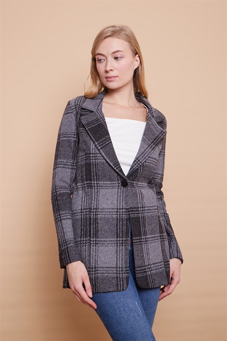 Ekose Desenli Yakalı Uzun Kol Tek Düğme Yünlü Kumaş Kışlık Blazer Ceket -Siyah Desen 