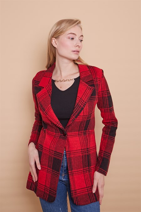 Ekose Desenli Yakalı Uzun Kol Tek Düğme Yünlü Kumaş Kışlık Blazer Ceket -Bordo Desen 