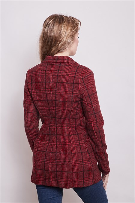 Ekose Desenli Yakalı Uzun Kol Tek Düğme Yünlü Kumaş Blazer Ceket-Bordo Ekose 