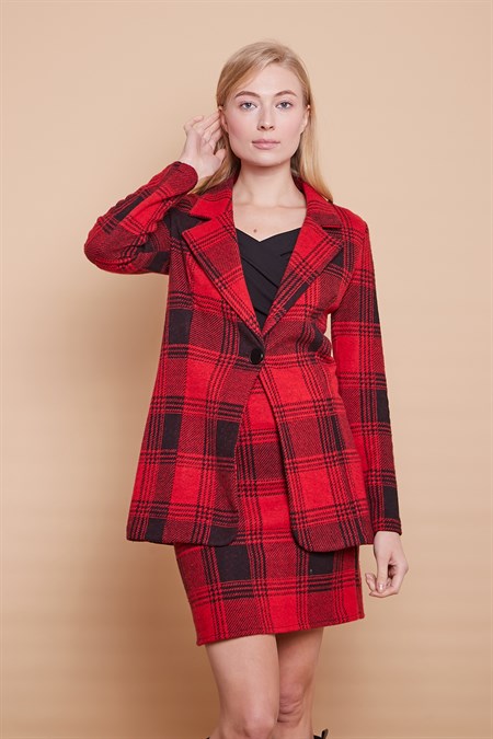 Ekose Desenli Yakalı Uzun Kol Tek Düğme Yünlü Kumaş Kışlık Blazer Ceket -Bordo Desen 