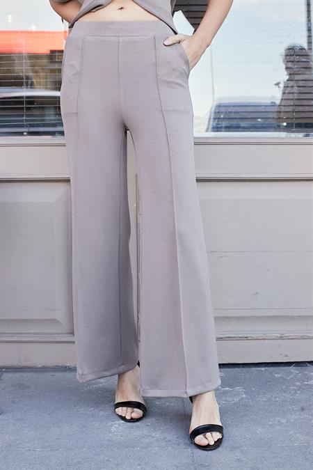 Kadın 1.Sınıf Modal Esnek Kumaş Yüksek Bel Önden Dikişli Yan Cepli Bol Paça Palazzo Pantolon-Vizon