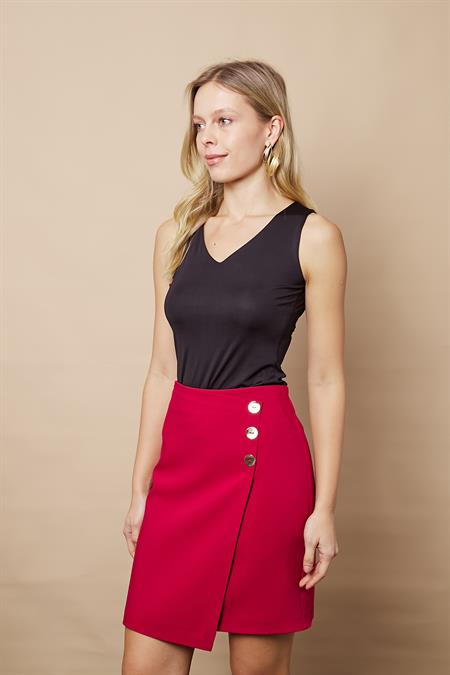 Kadın Arkadan Fermuarlı Düğme Detaylı Hafif Likralı Kumaş Diz Üstü Kalem Etek-Bordo