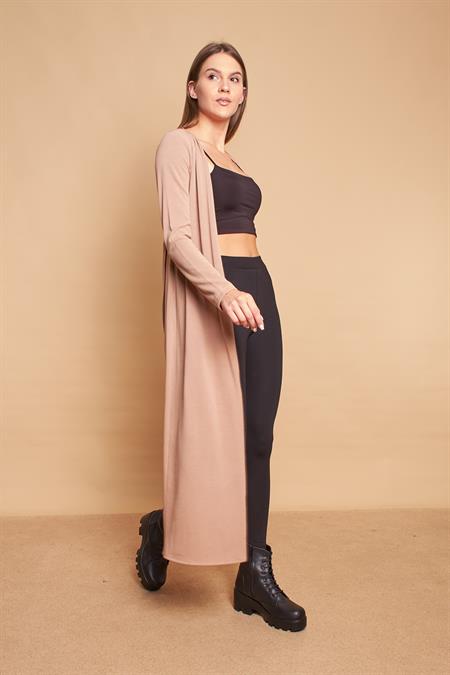 Arkası Anvelop Kruvaze Uzun Kol İnce Triko Hırka-Koyu Bej 