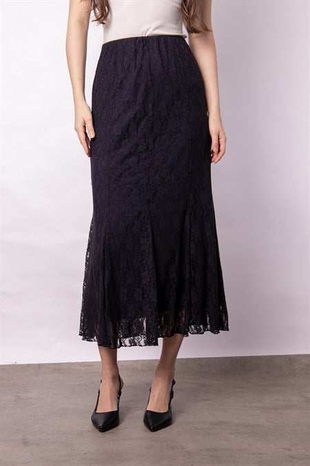 Kadın Astarlı Dantel-Tül Yüksek Bel Dar Kesim Uzun Diz Altı Balık Kesim Etek-Koyu Lacivert