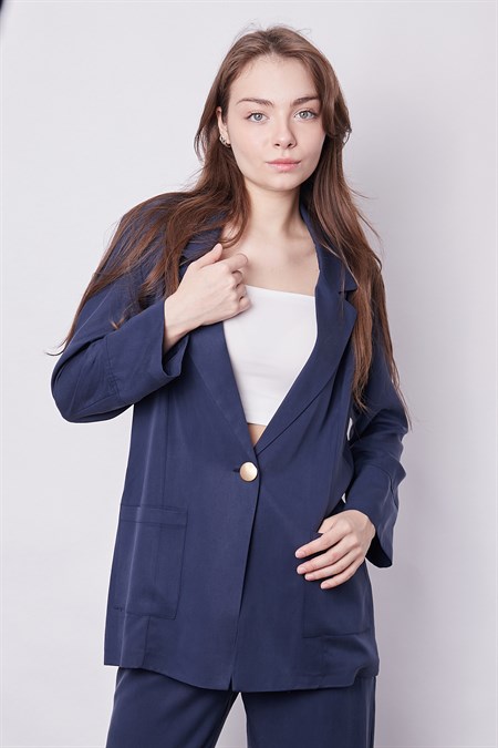 Kadın Baharlık Kumaş Rahat Kesim Yakalı Cepli Kolu Katlamalı Boyfriend Blazer Ceket-Lacivert