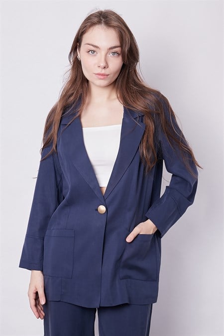 Kadın Baharlık Kumaş Rahat Kesim Yakalı Cepli Kolu Katlamalı Boyfriend Blazer Ceket-Lacivert