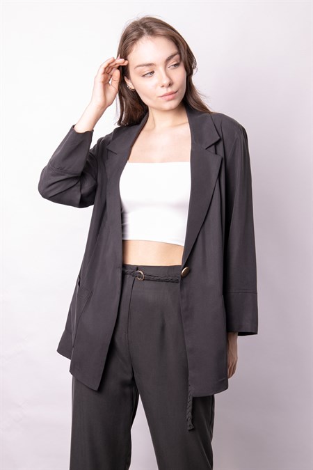 Kadın Baharlık Kumaş Rahat Kesim Yakalı Cepli Kolu Katlamalı Boyfriend Blazer Ceket-Antrasit