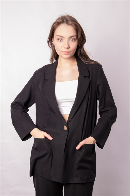 Kadın Baharlık Kumaş Rahat Kesim Yakalı Cepli Kolu Katlamalı Boyfriend Blazer Ceket-Siyah