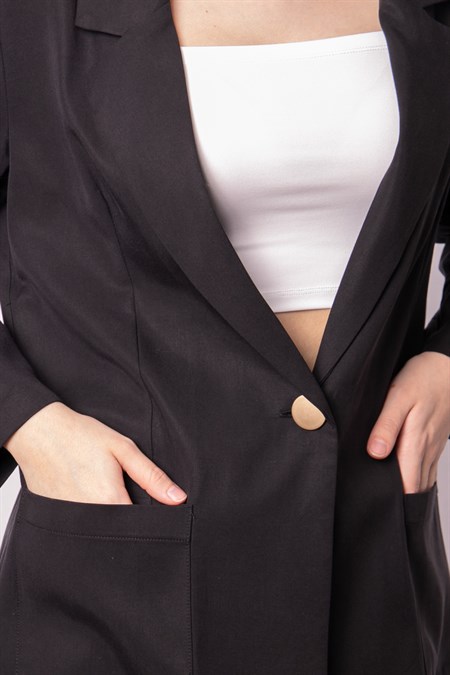 Kadın Baharlık Kumaş Rahat Kesim Yakalı Cepli Kolu Katlamalı Boyfriend Blazer Ceket-Siyah