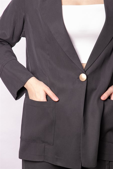 Kadın Baharlık Kumaş Rahat Kesim Yakalı Cepli Kolu Katlamalı Boyfriend Blazer Ceket-Antrasit