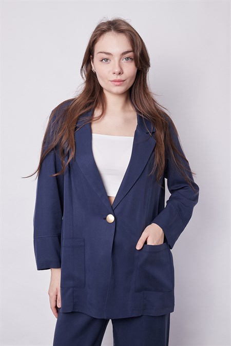 Kadın Baharlık Kumaş Rahat Kesim Yakalı Cepli Kolu Katlamalı Boyfriend Blazer Ceket-Lacivert