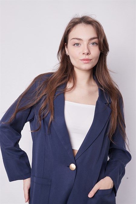 Kadın Baharlık Kumaş Rahat Kesim Yakalı Cepli Kolu Katlamalı Boyfriend Blazer Ceket-Lacivert
