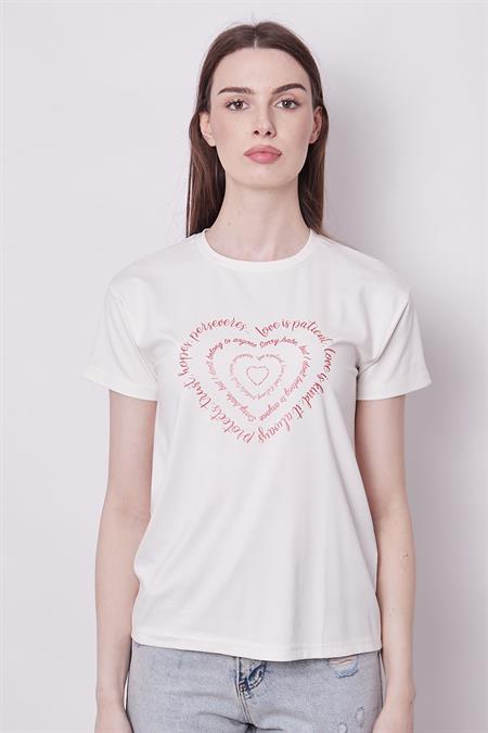 Baskılı Sıfır Yaka Kırışmaz Span Karışımlı Şık Kısa Kol T-shirt Bluz-Kalp Baskılı