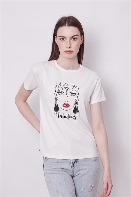 Baskılı Sıfır Yaka Kırışmaz Span Karışımlı Şık Kısa Kol T-shirt Bluz-Kız Baskılı