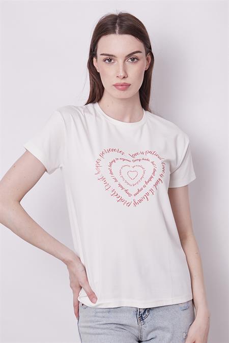 Baskılı Sıfır Yaka Kırışmaz Span Karışımlı Şık Kısa Kol T-shirt Bluz-Kalp Baskılı