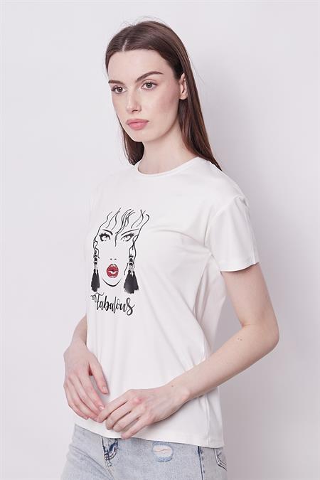Baskılı Sıfır Yaka Kırışmaz Span Karışımlı Şık Kısa Kol T-shirt Bluz-Kız Baskılı