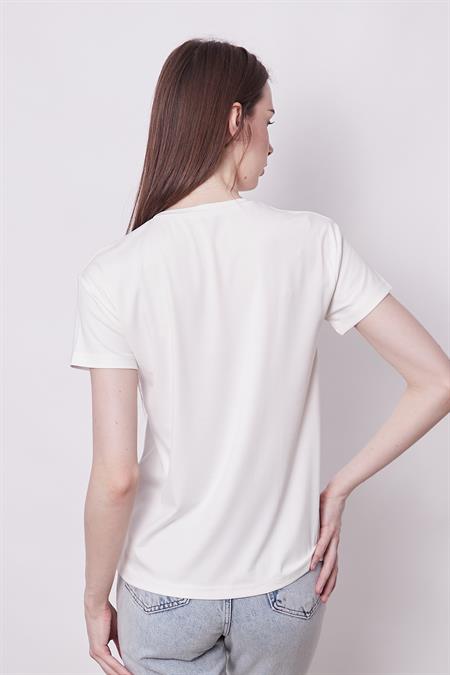 Baskılı Sıfır Yaka Kırışmaz Span Karışımlı Şık Kısa Kol T-shirt Bluz-Kalp Baskılı