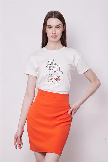 Baskılı Sıfır Yaka Kırışmaz Span Karışımlı Şık Kısa Kol T-shirt Bluz-Silüet Bakılı