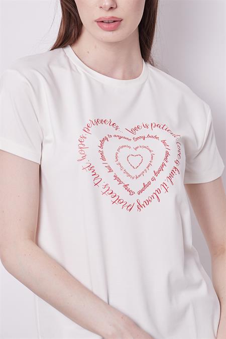 Baskılı Sıfır Yaka Kırışmaz Span Karışımlı Şık Kısa Kol T-shirt Bluz-Kalp Baskılı