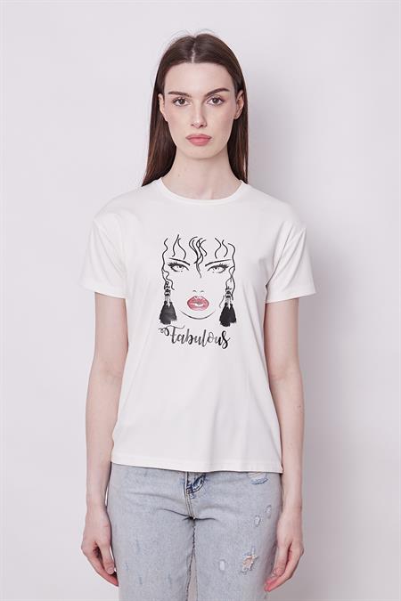 Baskılı Sıfır Yaka Kırışmaz Span Karışımlı Şık Kısa Kol T-shirt Bluz-Kız Baskılı