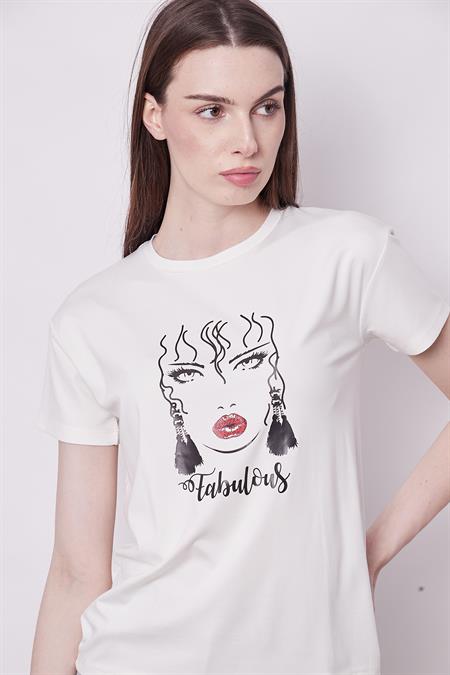 Baskılı Sıfır Yaka Kırışmaz Span Karışımlı Şık Kısa Kol T-shirt Bluz-Kız Baskılı